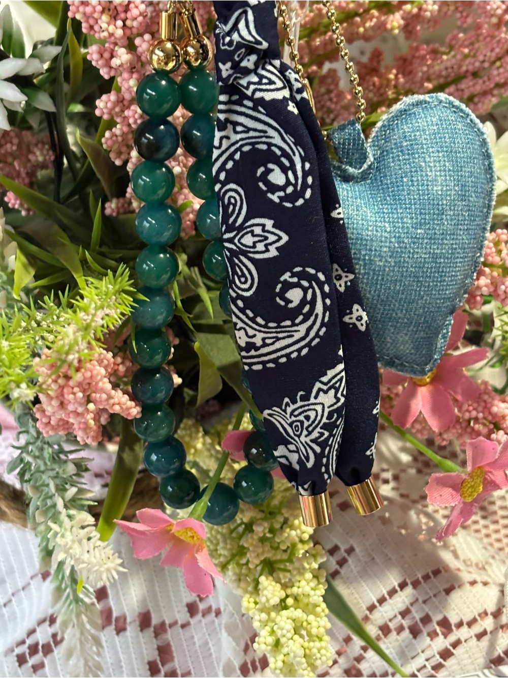 Park Lane Blue Denim Heart Keychain with Teal Bead Strand and Navy Bandana Tie - Picture 5 of 9